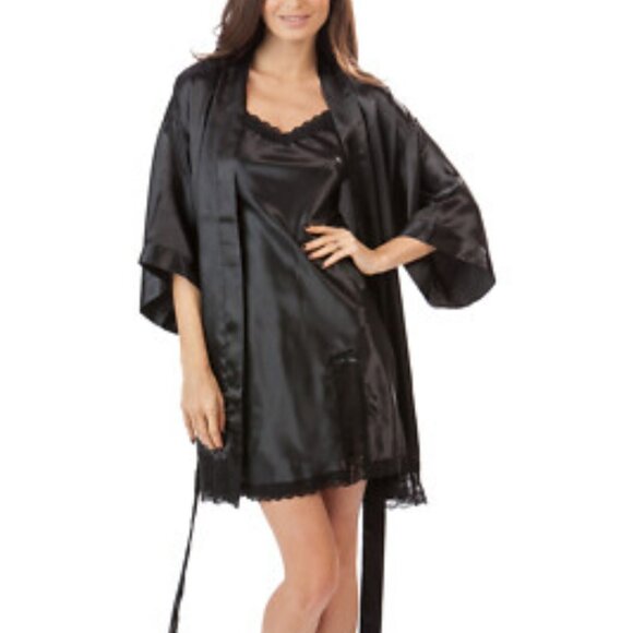 La Vie En Rose 2-Piece Satin Robe & Nightgown Set – Black – Size M - Picture 1 of 9